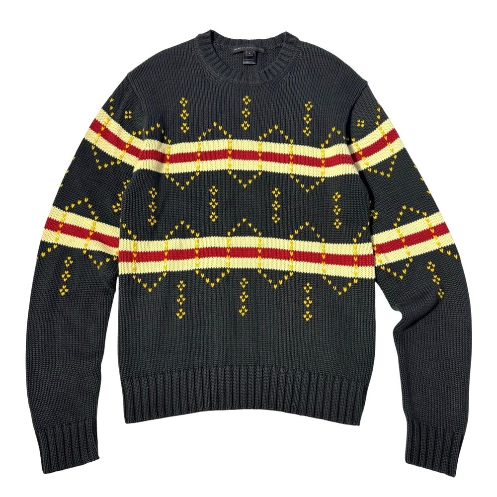 Marc‎ Jacobs Sweater Mens Size L Grey Striped Chunky Knit Fisherman Cotton